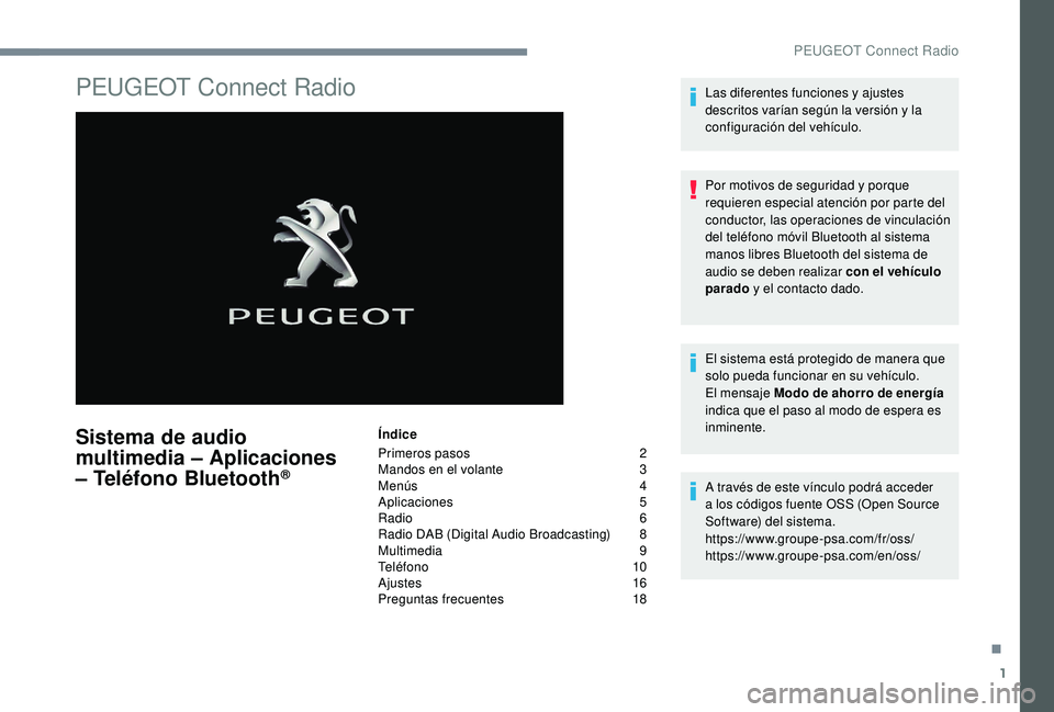 Peugeot 508 2019 Manual del propietario (in Spanish) 1
PEUGEOT Connect Radio
Sistema de audio
multimedia – Aplicaciones
– Teléfono Bluetooth
®
Índice
Primeros pasos
2
M
andos en el volante
3
M
enús
4
A
plicaciones
5
R
adio
6
Peugeot 508 2019 Manual del propietario (in Spanish) 1
PEUGEOT Connect Radio
Sistema de audio
multimedia – Aplicaciones
– Teléfono Bluetooth
®
Índice
Primeros pasos
2
M
andos en el volante
3
M
enús
4
A
plicaciones
5
R
adio
6