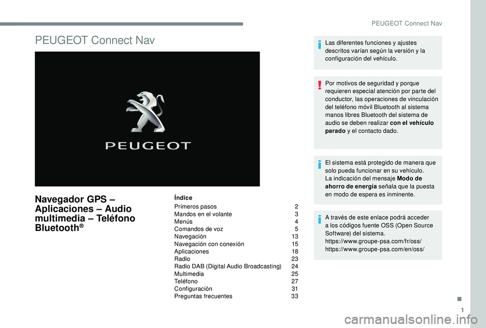 Peugeot 508 2019 Manual del propietario (in Spanish) 1
PEUGEOT Connect Nav
Navegador GPS –
Aplicaciones – Audio
multimedia – Teléfono
Bluetooth
®
Índice
Primeros pasos
2
M
andos en el volante
3
M
enús
4
C
omandos de voz
5
N
a Peugeot 508 2019 Manual del propietario (in Spanish) 1
PEUGEOT Connect Nav
Navegador GPS –
Aplicaciones – Audio
multimedia – Teléfono
Bluetooth
®
Índice
Primeros pasos
2
M
andos en el volante
3
M
enús
4
C
omandos de voz
5
N
a