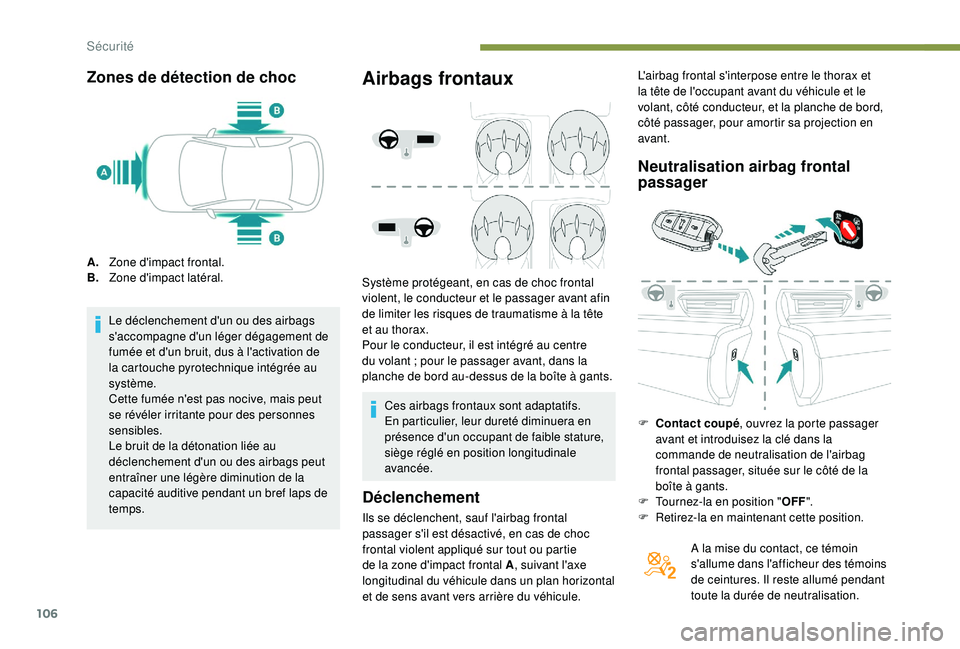 Peugeot 508 2019 Manuel du propriétaire (in French) 106
Zones de détection de choc
A.Zone d'impact frontal.
B. Zone d'impact latéral.
Le déclenchement d'un ou des airbags
s'accompagne d'un léger dégagement de
fumée et d' Peugeot 508 2019 Manuel du propriétaire (in French) 106
Zones de détection de choc
A.Zone d'impact frontal.
B. Zone d'impact latéral.
Le déclenchement d'un ou des airbags
s'accompagne d'un léger dégagement de
fumée et d'