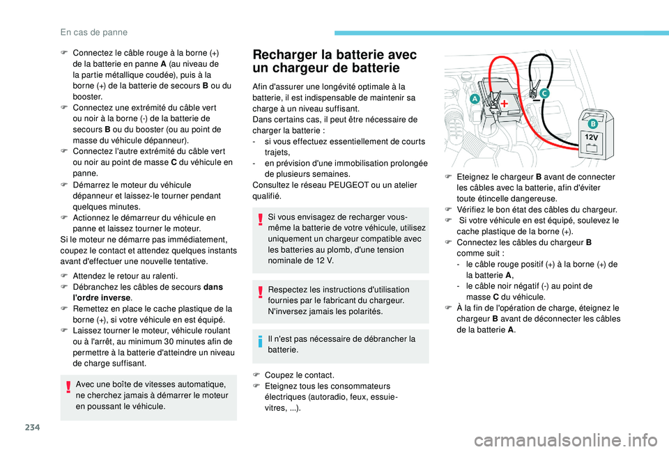 Peugeot 508 2019 Manuel du propriétaire (in French) 234
F Démarrez le moteur du véhicule dépanneur et laissez-le tourner pendant
quelques
minutes.
F
A
ctionnez le démarreur du véhicule en
panne et laissez tourner le moteur.
Si le moteur ne Peugeot 508 2019 Manuel du propriétaire (in French) 234
F Démarrez le moteur du véhicule dépanneur et laissez-le tourner pendant
quelques
minutes.
F
A
ctionnez le démarreur du véhicule en
panne et laissez tourner le moteur.
Si le moteur ne