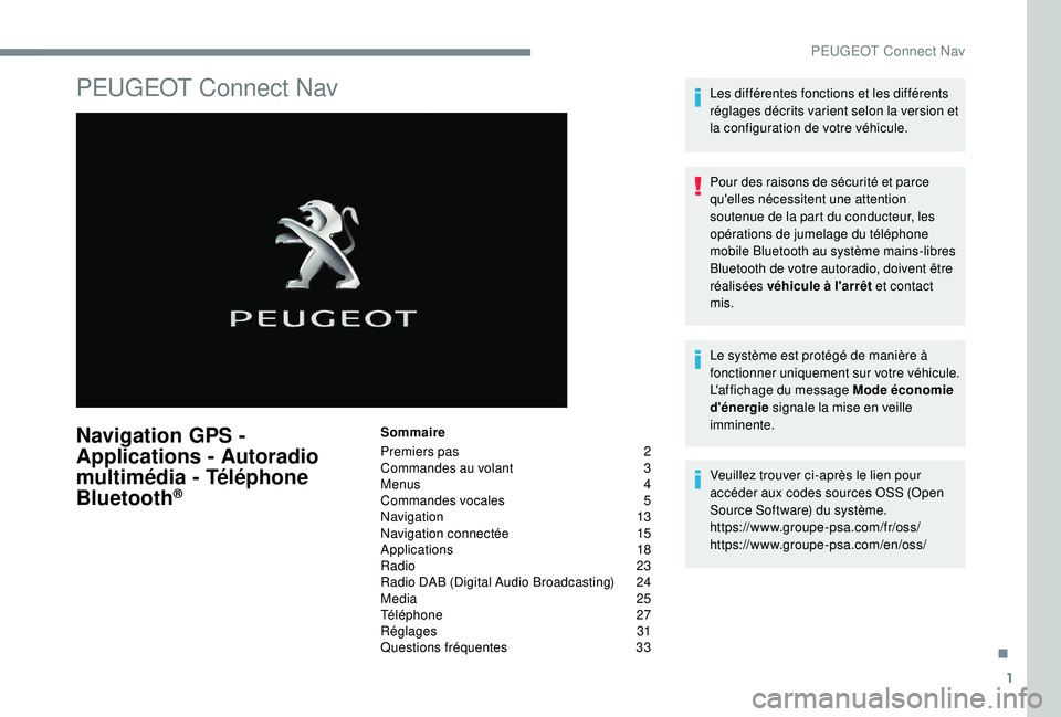 Peugeot 508 2019 Manuel du propriétaire (in French) 1
PEUGEOT Connect Nav
Navigation GPS -
Applications - Autoradio
multimédia - Téléphone
Bluetooth
®
Sommaire
Premiers pas
2
C
ommandes au volant
3
M
enus
4
C
ommandes vocales
5
N
Peugeot 508 2019 Manuel du propriétaire (in French) 1
PEUGEOT Connect Nav
Navigation GPS -
Applications - Autoradio
multimédia - Téléphone
Bluetooth
®
Sommaire
Premiers pas
2
C
ommandes au volant
3
M
enus
4
C
ommandes vocales
5
N