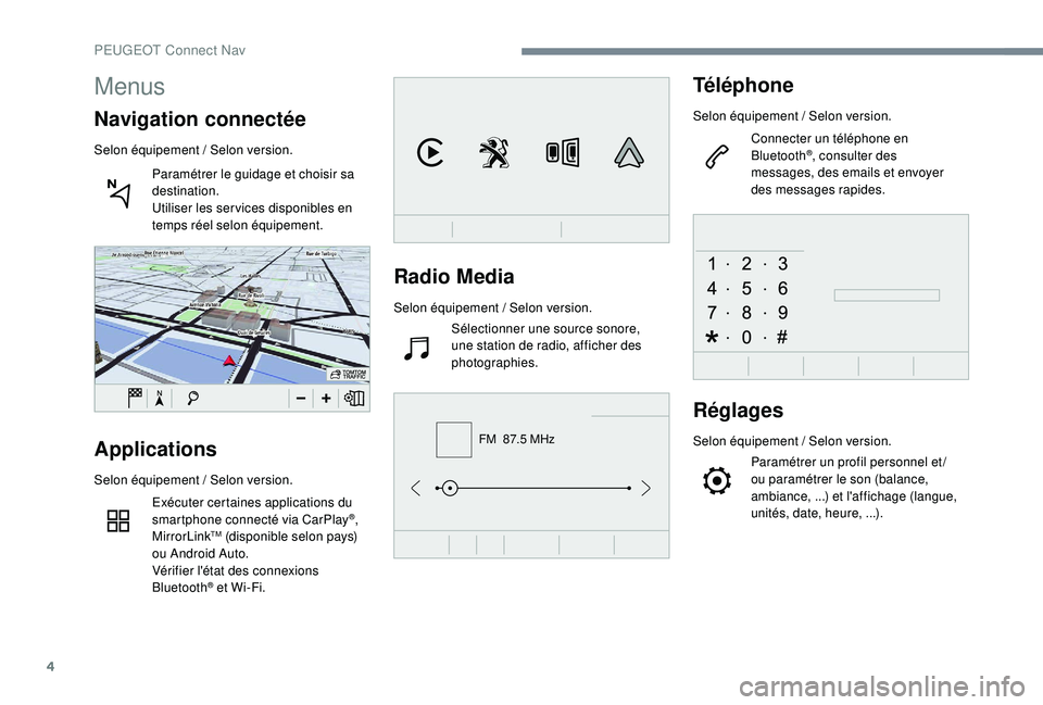 Peugeot 508 2019  Manuel du propriétaire (in French) 4
FM  87.5 MHz
Radio Media
Selon équipement / Selon version.Sélectionner une source sonore, 
une station de radio, afficher des 
photographies.
Téléphone
Selon équipement / Selon version.
Connect