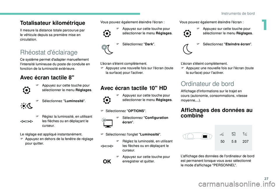 Peugeot 508 2019 Manuel du propriétaire (in French) 27
Totalisateur kilométrique
Il mesure la distance totale parcourue par
le véhicule depuis sa première mise en
circulation.
Rhéostat d'éclairage
Ce système permet d'adapter manuellemen Peugeot 508 2019 Manuel du propriétaire (in French) 27
Totalisateur kilométrique
Il mesure la distance totale parcourue par
le véhicule depuis sa première mise en
circulation.
Rhéostat d'éclairage
Ce système permet d'adapter manuellemen