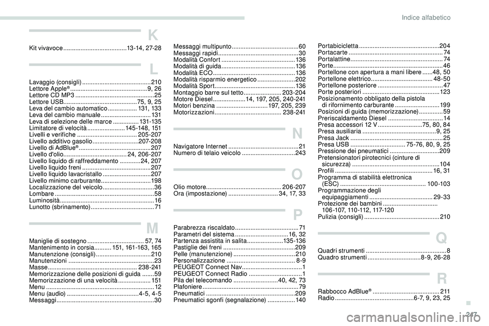 Peugeot 508 2019  Manuale del proprietario (in Italian) 247
K
Kit vivavoce ..................................... 13 -14, 27-2 8
L
Lavaggio (consigli) ........................................ 210
Lettore Apple® .............................................