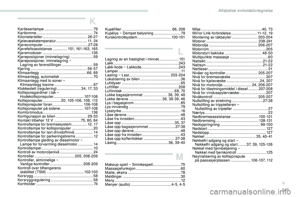 Peugeot 508 2019  Brukerhåndbok (in Norwegian) 247
K
Kartleserlampe ............................................... 79
Kartlomme  ....................................................... 74
Kilometerteller
 

.......................................