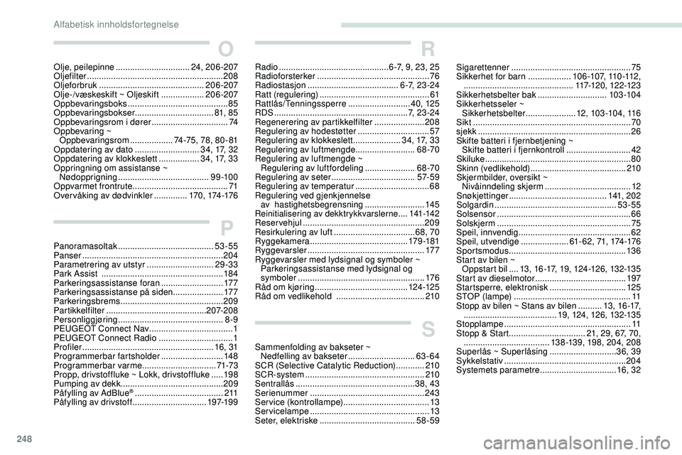 Peugeot 508 2019  Brukerhåndbok (in Norwegian) 248
O
Olje, peilepinne ............................... 24, 206-207
Oljefilter  ......................................................... 208
Oljeforbruk
 

............................................