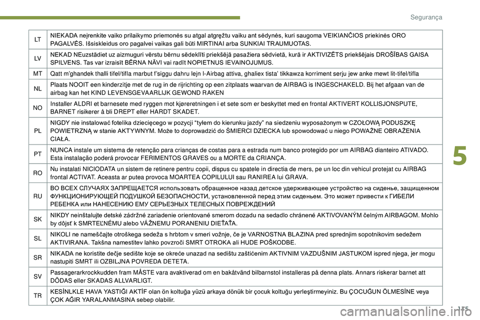 Peugeot 508 2019 Manual do proprietário (in Portuguese) 115
LTNIEK ADA neįrenkite vaiko prilaikymo priemonės su atgal atgręžtu vaiku ant sėdynės, kuri saugoma VEIKIANČIOS priekinės ORO
PAGALVĖS. Išsiskleidus oro pagalvei vaikas gali būti MIRTIN Peugeot 508 2019 Manual do proprietário (in Portuguese) 115
LTNIEK ADA neįrenkite vaiko prilaikymo priemonės su atgal atgręžtu vaiku ant sėdynės, kuri saugoma VEIKIANČIOS priekinės ORO
PAGALVĖS. Išsiskleidus oro pagalvei vaikas gali būti MIRTIN