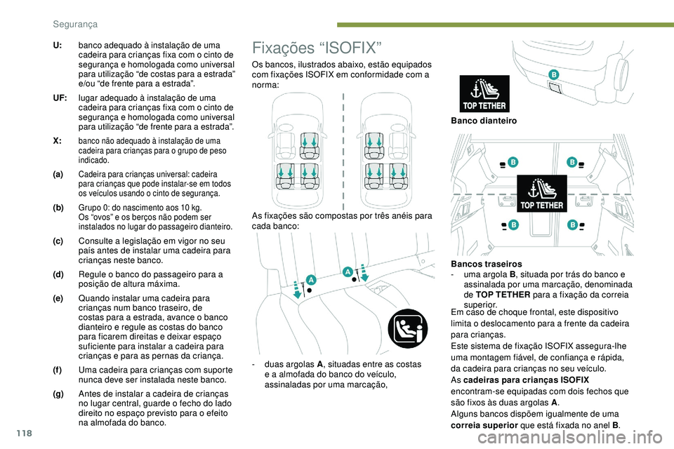 Peugeot 508 2019 Manual do proprietário (in Portuguese) 118
U:banco adequado à instalação de uma
cadeira para crianças fixa com o cinto de
segurança e homologada como universal
para utilização “de costas para a estrada”
e/ou “de frente par Peugeot 508 2019 Manual do proprietário (in Portuguese) 118
U:banco adequado à instalação de uma
cadeira para crianças fixa com o cinto de
segurança e homologada como universal
para utilização “de costas para a estrada”
e/ou “de frente par