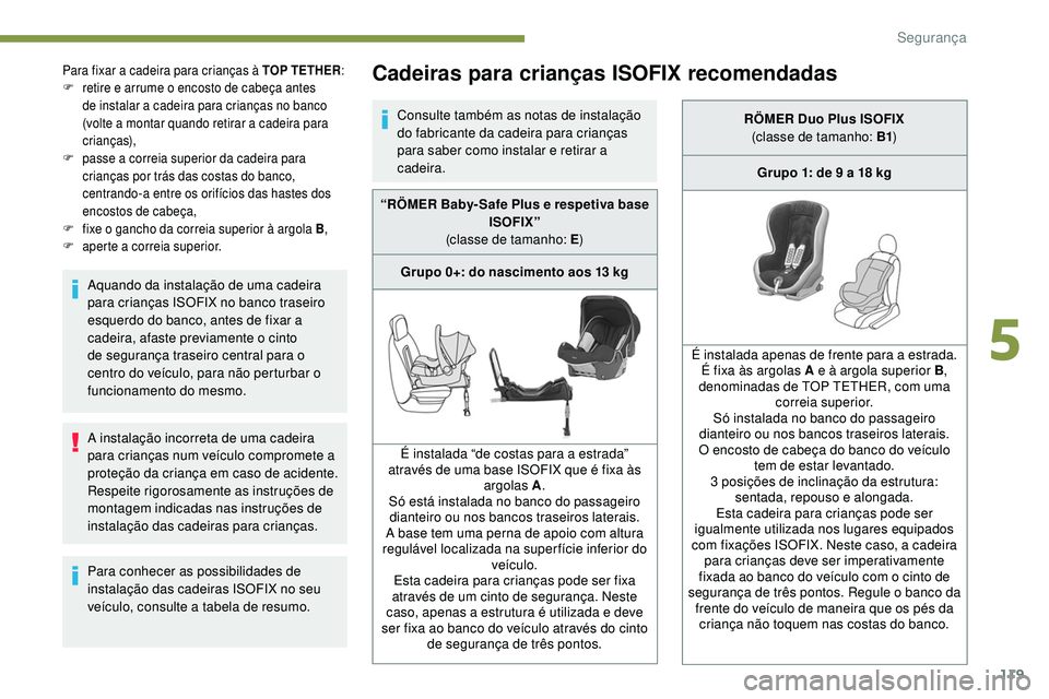 Peugeot 508 2019 Manual do proprietário (in Portuguese) 119
A instalação incorreta de uma cadeira
para crianças num veículo compromete a
proteção da criança em caso de acidente.
Respeite rigorosamente as instruções de
montagem indicadas nas ins Peugeot 508 2019 Manual do proprietário (in Portuguese) 119
A instalação incorreta de uma cadeira
para crianças num veículo compromete a
proteção da criança em caso de acidente.
Respeite rigorosamente as instruções de
montagem indicadas nas ins