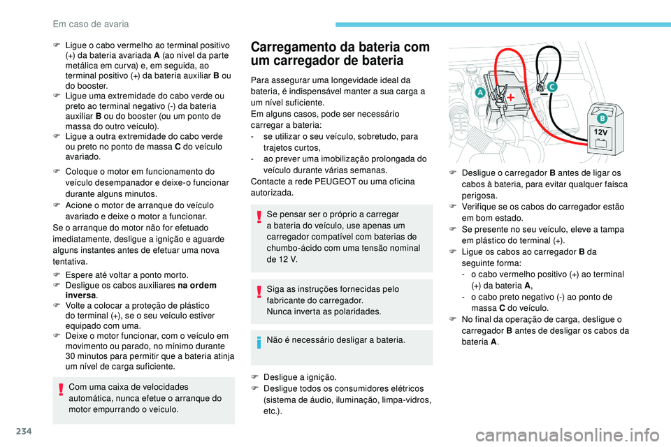 Peugeot 508 2019 Manual do proprietário (in Portuguese) 234
F Coloque o motor em funcionamento do veículo desempanador e deixe-o funcionar
durante alguns minutos.
F
A
cione o motor de arranque do veículo
avariado e deixe o motor a funcionar.
Se o ar Peugeot 508 2019 Manual do proprietário (in Portuguese) 234
F Coloque o motor em funcionamento do veículo desempanador e deixe-o funcionar
durante alguns minutos.
F
A
cione o motor de arranque do veículo
avariado e deixe o motor a funcionar.
Se o ar