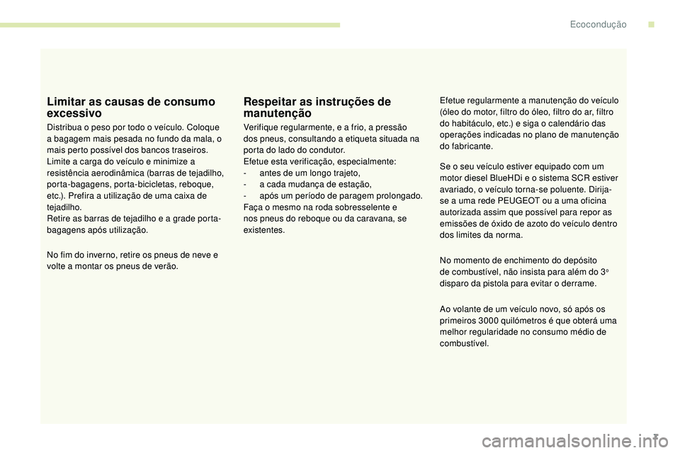 Peugeot 508 2019 Manual do proprietário (in Portuguese) 7
Limitar as causas de consumo
excessivo
Distribua o peso por todo o veículo. Coloque
a bagagem mais pesada no fundo da mala, o
mais perto possível dos bancos traseiros.
Limite a carga do veícul Peugeot 508 2019 Manual do proprietário (in Portuguese) 7
Limitar as causas de consumo
excessivo
Distribua o peso por todo o veículo. Coloque
a bagagem mais pesada no fundo da mala, o
mais perto possível dos bancos traseiros.
Limite a carga do veícul