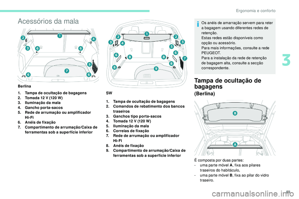Peugeot 508 2019 Manual do proprietário (in Portuguese) 81
Acessórios da mala
1.Tampa de ocultação de bagagens
2. Tomada 12 V (120 W)
3. Iluminação da mala
4. Gancho porta-sacos
5. Rede de arrumação ou amplificador
Hi-Fi
6. Anéis de fixação
7. C Peugeot 508 2019 Manual do proprietário (in Portuguese) 81
Acessórios da mala
1.Tampa de ocultação de bagagens
2. Tomada 12 V (120 W)
3. Iluminação da mala
4. Gancho porta-sacos
5. Rede de arrumação ou amplificador
Hi-Fi
6. Anéis de fixação
7. C