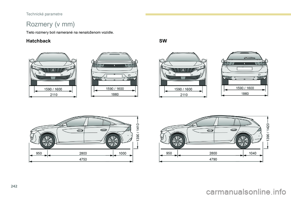 Peugeot 508 2019  Užívateľská príručka (in Slovak) 242
Rozmery (v mm)
Tieto rozmery boli namerané na nenaloženom vozidle.
HatchbackSW 
T  