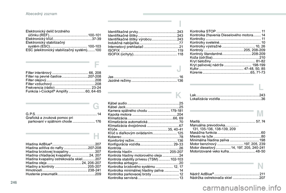 Peugeot 508 2019 Užívateľská príručka (in Slovak) 246
Elektronický delič brzdného účinku (REF) ........................................ 10
0 -101
Elektronický kľúč
...............................
.........37- 3 9
Elektronický stabilizač Peugeot 508 2019 Užívateľská príručka (in Slovak) 246
Elektronický delič brzdného účinku (REF) ........................................ 10
0 -101
Elektronický kľúč
...............................
.........37- 3 9
Elektronický stabilizač