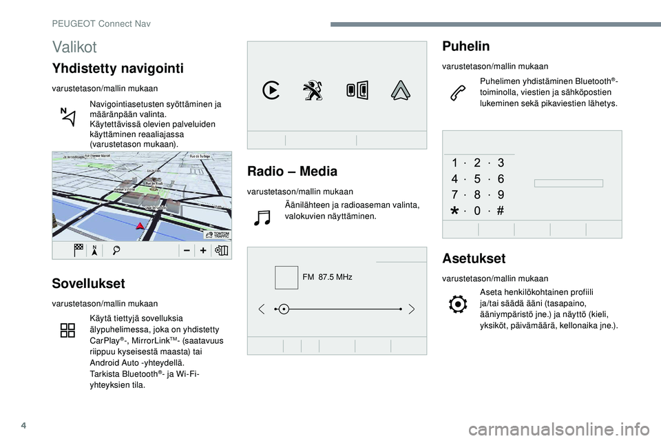 Peugeot 508 2019  Omistajan käsikirja (in Finnish) 4
FM  87.5 MHz
Radio – Media
varustetason/mallin mukaanÄänilähteen ja radioaseman valinta, 
valokuvien näyttäminen.
Puhelin
varustetason/mallin mukaan
Puhelimen yhdistäminen Bluetooth
®-
toim