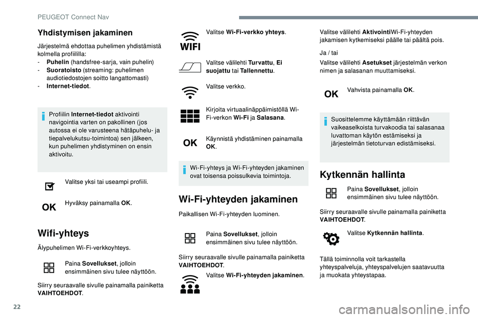 Peugeot 508 2019 Omistajan käsikirja (in Finnish) 22
Yhdistymisen jakaminen
Järjestelmä ehdottaa puhelimen yhdistämistä
kolmella profiililla:
-
P
uhelin (handsfree-sarja, vain puhelin)
-
S
uoratoisto (streaming: puhelimen
audiotiedostoje Peugeot 508 2019 Omistajan käsikirja (in Finnish) 22
Yhdistymisen jakaminen
Järjestelmä ehdottaa puhelimen yhdistämistä
kolmella profiililla:
-
P
uhelin (handsfree-sarja, vain puhelin)
-
S
uoratoisto (streaming: puhelimen
audiotiedostoje
