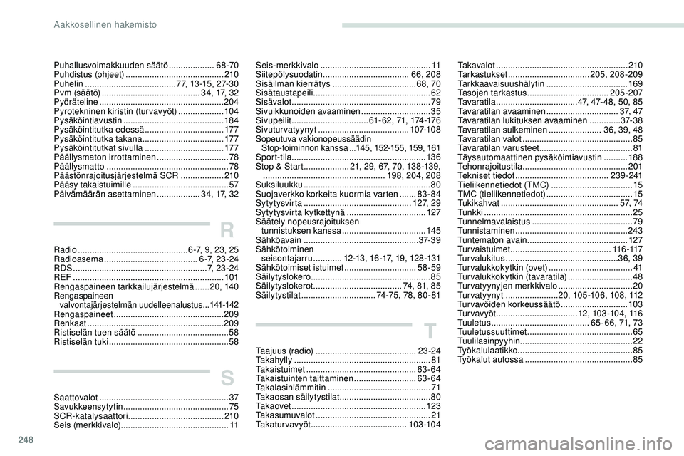 Peugeot 508 2019 Omistajan käsikirja (in Finnish) 248
Puhallusvoimakkuuden säätö ...................6 8 -70
Puhdistus (ohjeet) ......................................... 210
Puhelin
...................................... 77, 13 -15, 27-30
P v m Peugeot 508 2019 Omistajan käsikirja (in Finnish) 248
Puhallusvoimakkuuden säätö ...................6 8 -70
Puhdistus (ohjeet) ......................................... 210
Puhelin
...................................... 77, 13 -15, 27-30
P v m