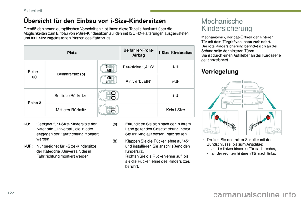 Peugeot 508 2018  Betriebsanleitung (in German) 122
Gemäß den neuen europäischen Vorschriften gibt Ihnen diese Tabelle Auskunft über die 
Möglichkeiten zum Einbau von i-Size-Kindersitzen auf den mit ISOFIX-Halterungen ausgerüsteten 
und für 