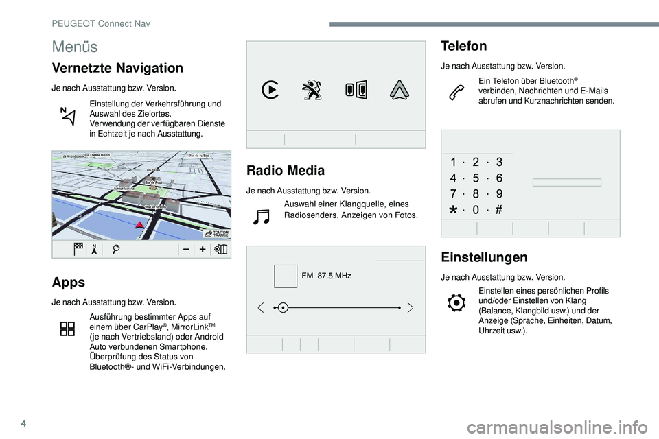Peugeot 508 2018  Betriebsanleitung (in German) 4
FM  87.5 MHz
Radio Media
Je nach Ausstattung bzw. Version.Auswahl einer Klangquelle, eines 
Radiosenders, Anzeigen von Fotos.
Telefon
Je nach Ausstattung bzw. Version.
Ein Telefon über Bluetooth
®