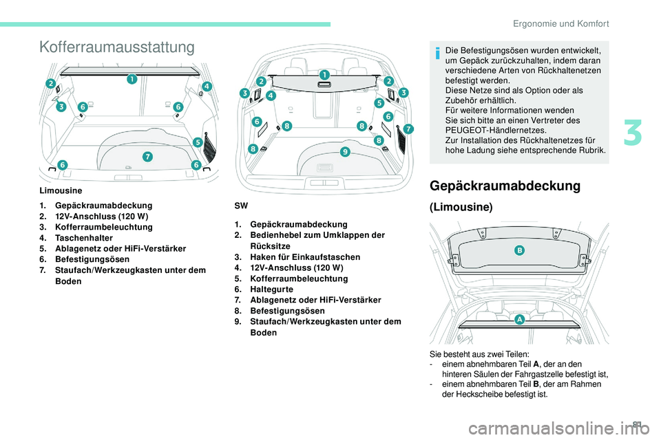 Peugeot 508 2018  Betriebsanleitung (in German) 81
Kofferraumausstattung
1.Gepäckraumabdeckung
2. 12V-Anschluss (120 W)
3. Kofferraumbeleuchtung
4. Taschenhalter
5. Ablagenetz oder HiFi-Verstärker
6. Befestigungsösen
7. Staufach/Werkzeugkasten u