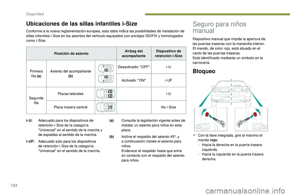 Peugeot 508 2018 Manual del propietario (in Spanish) 122
Conforme a la nueva reglamentación europea, esta tabla indica las posibilidades de instalación de
sillas infantiles i-Size en los asientos del vehículo equipados con anclajes ISOFIX y homologa Peugeot 508 2018 Manual del propietario (in Spanish) 122
Conforme a la nueva reglamentación europea, esta tabla indica las posibilidades de instalación de
sillas infantiles i-Size en los asientos del vehículo equipados con anclajes ISOFIX y homologa