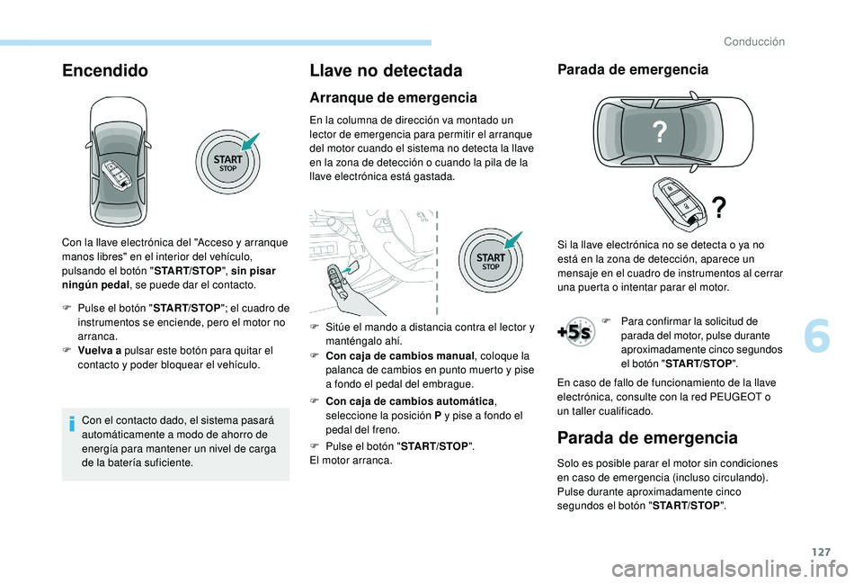 Peugeot 508 2018 Manual del propietario (in Spanish) 127
Encendido
Con el contacto dado, el sistema pasará
automáticamente a modo de ahorro de
energía para mantener un nivel de carga
de la batería suficiente.
Llave no detectada
Arranque de emerge Peugeot 508 2018 Manual del propietario (in Spanish) 127
Encendido
Con el contacto dado, el sistema pasará
automáticamente a modo de ahorro de
energía para mantener un nivel de carga
de la batería suficiente.
Llave no detectada
Arranque de emerge