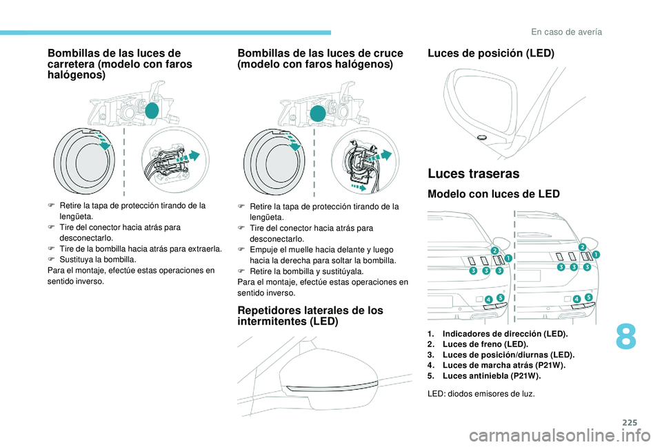 Peugeot 508 2018 Manual del propietario (in Spanish) 225
Bombillas de las luces de
carretera (modelo con faros
halógenos)
F Retire la tapa de protección tirando de la lengüeta.
F
T
ire del conector hacia atrás para
desconectarlo.
F
T
ire de l Peugeot 508 2018 Manual del propietario (in Spanish) 225
Bombillas de las luces de
carretera (modelo con faros
halógenos)
F Retire la tapa de protección tirando de la lengüeta.
F
T
ire del conector hacia atrás para
desconectarlo.
F
T
ire de l