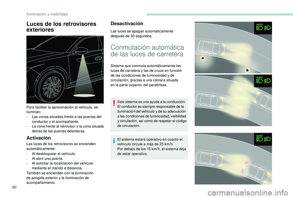 Peugeot 508 2018 Manual del propietario (in Spanish) 90
Luces de los retrovisores
exteriores
Activación
Las luces de los retrovisores se encienden
automáticamente:
-
A
l desbloquear el vehículo.
-
A
l abrir una puerta.
-
A
l solicitar la lo Peugeot 508 2018 Manual del propietario (in Spanish) 90
Luces de los retrovisores
exteriores
Activación
Las luces de los retrovisores se encienden
automáticamente:
-
A
l desbloquear el vehículo.
-
A
l abrir una puerta.
-
A
l solicitar la lo
