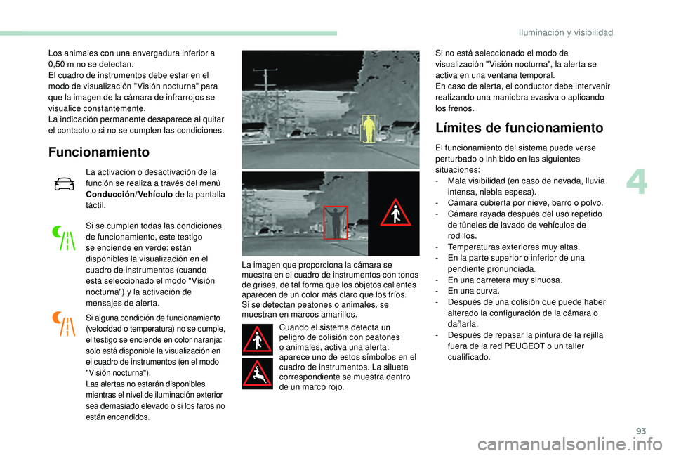 Peugeot 508 2018 Manual del propietario (in Spanish) 93
Los animales con una envergadura inferior a
0,50 m no se detectan.
El cuadro de instrumentos debe estar en el
modo de visualización " Visión nocturna" para
que la imagen de la cámara Peugeot 508 2018 Manual del propietario (in Spanish) 93
Los animales con una envergadura inferior a
0,50 m no se detectan.
El cuadro de instrumentos debe estar en el
modo de visualización " Visión nocturna" para
que la imagen de la cámara