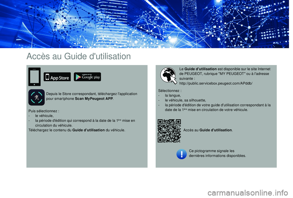 Peugeot 508 2018  Manuel du propriétaire (in French) Accès au Guide d'utilisation
Depuis le Store correspondant, téléchargez l'application 
pour smartphone Scan MyPeugeot APP.
Accès au Guide d'utilisation.
Le Guide d'utilisation
 est