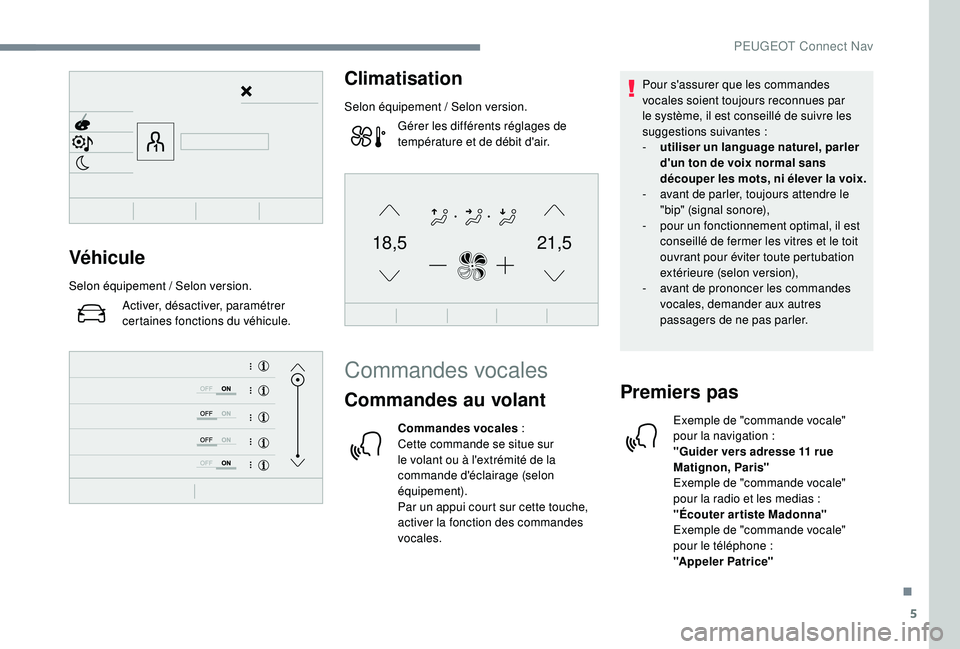 Peugeot 508 2018 Manuel du propriétaire (in French) 5
21,518,5Véhicule
Selon équipement / Selon version.Activer, désactiver, paramétrer
certaines fonctions du véhicule.
Climatisation
Selon équipement / Selon version.Gérer les différents régla Peugeot 508 2018 Manuel du propriétaire (in French) 5
21,518,5Véhicule
Selon équipement / Selon version.Activer, désactiver, paramétrer
certaines fonctions du véhicule.
Climatisation
Selon équipement / Selon version.Gérer les différents régla