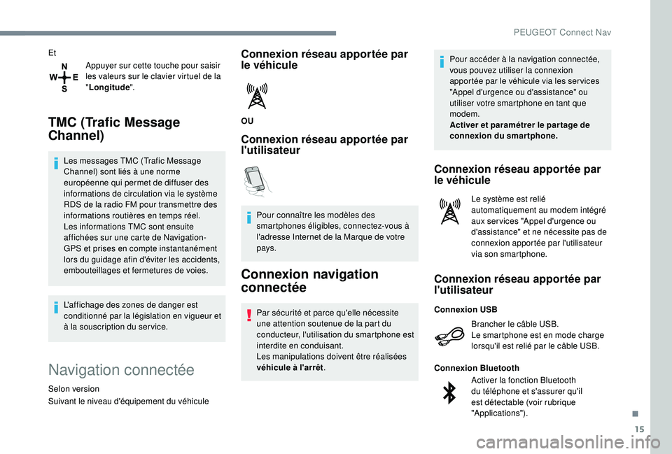 Peugeot 508 2018 Manuel du propriétaire (in French) 15
EtAppuyer sur cette touche pour saisir
les valeurs sur le clavier virtuel de la
"Longitude ".
TMC (Trafic Message
Channel)
Les messages TMC (Trafic Message
Channel) sont liés à une no Peugeot 508 2018 Manuel du propriétaire (in French) 15
EtAppuyer sur cette touche pour saisir
les valeurs sur le clavier virtuel de la
"Longitude ".
TMC (Trafic Message
Channel)
Les messages TMC (Trafic Message
Channel) sont liés à une no