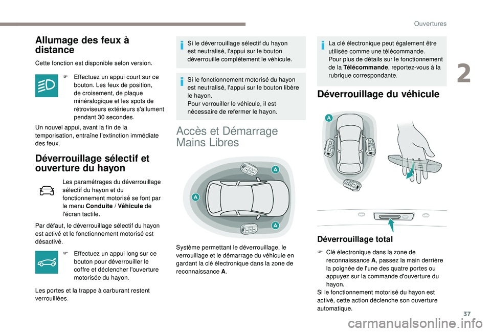 Peugeot 508 2018 Manuel du propriétaire (in French) 37
Allumage des feux à
distance
Cette fonction est disponible selon version.F
E
ffectuez un appui court sur ce
bouton. Les feux de position,
de croisement, de plaque
minéralogique et les spot Peugeot 508 2018 Manuel du propriétaire (in French) 37
Allumage des feux à
distance
Cette fonction est disponible selon version.F
E
ffectuez un appui court sur ce
bouton. Les feux de position,
de croisement, de plaque
minéralogique et les spot