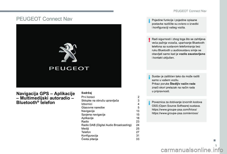 Peugeot 508 2018 Vodič za korisnike (in Croatian) 1
PEUGEOT Connect Nav
Navigacija GPS – Aplikacije
– Multimedijski autoradio –
Bluetooth
® telefon
Sadržaj
Pr vi koraci
2
S
klopke na obruču upravljača
3
I
zbornici
4
G
lasovne n Peugeot 508 2018 Vodič za korisnike (in Croatian) 1
PEUGEOT Connect Nav
Navigacija GPS – Aplikacije
– Multimedijski autoradio –
Bluetooth
® telefon
Sadržaj
Pr vi koraci
2
S
klopke na obruču upravljača
3
I
zbornici
4
G
lasovne n