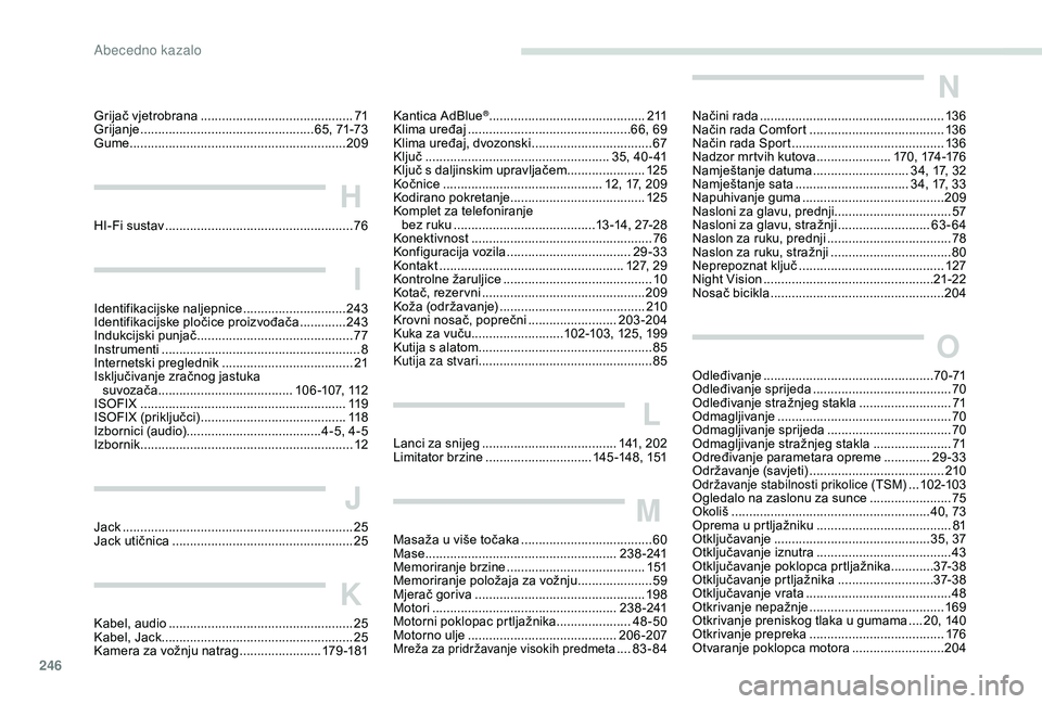 Peugeot 508 2018 Vodič za korisnike (in Croatian) 246
Kantica AdBlue® ............................................2 11
Klima uređaj
.............................................. 66, 69
Klima uređaj, dvozonski
................................. Peugeot 508 2018 Vodič za korisnike (in Croatian) 246
Kantica AdBlue® ............................................2 11
Klima uređaj
.............................................. 66, 69
Klima uređaj, dvozonski
.................................