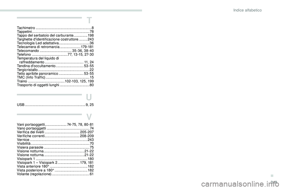 Peugeot 508 2018  Manuale del proprietario (in Italian) 249
T
Tachimetro ........................................................8
Tappetini .......................................................... 78
T
appo del serbatoio del carburante   ..............1
