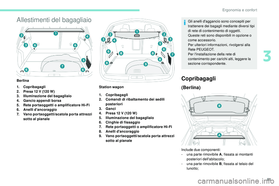 Peugeot 508 2018 Manuale del proprietario (in Italian) 81
Allestimenti del bagagliaio
1.Copribagagli
2. Presa 12 V (120 W)
3. Illuminazione del bagagliaio
4. Gancio appendi borsa
5. Rete por taoggetti o amplificatore Hi- Fi
6. Anelli d'ancoraggio
7. V Peugeot 508 2018 Manuale del proprietario (in Italian) 81
Allestimenti del bagagliaio
1.Copribagagli
2. Presa 12 V (120 W)
3. Illuminazione del bagagliaio
4. Gancio appendi borsa
5. Rete por taoggetti o amplificatore Hi- Fi
6. Anelli d'ancoraggio
7. V