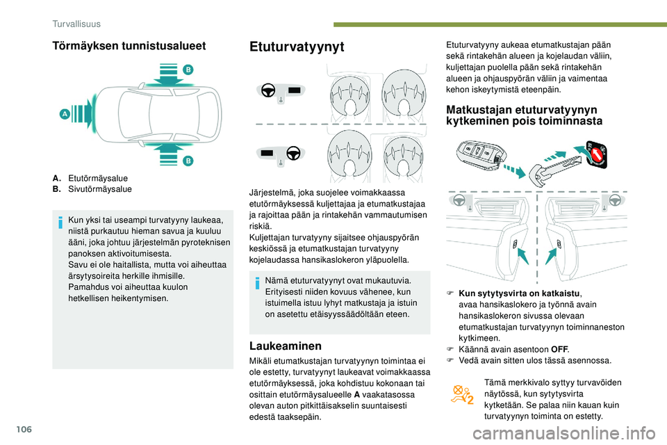 Peugeot 508 2018 Omistajan käsikirja (in Finnish) 106
Törmäyksen tunnistusalueet
A.Etutörmäysalue
B. Sivutörmäysalue
Kun yksi tai useampi tur vatyyny laukeaa,
niistä purkautuu hieman savua ja kuuluu
ääni, joka johtuu järjestelmän pyrotek Peugeot 508 2018 Omistajan käsikirja (in Finnish) 106
Törmäyksen tunnistusalueet
A.Etutörmäysalue
B. Sivutörmäysalue
Kun yksi tai useampi tur vatyyny laukeaa,
niistä purkautuu hieman savua ja kuuluu
ääni, joka johtuu järjestelmän pyrotek