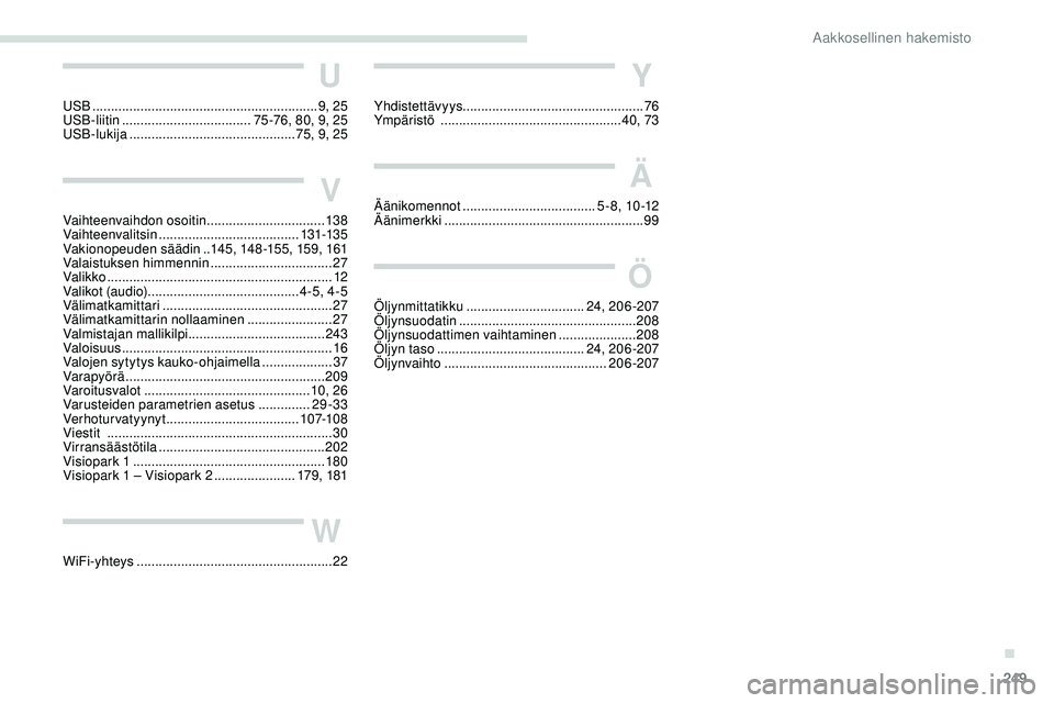 Peugeot 508 2018  Omistajan käsikirja (in Finnish) 249
Y
Yhdistettävyys................................................. 76
Ympäristö   ............................... ..................40, 73
Ä
Äänikomennot  ....................................