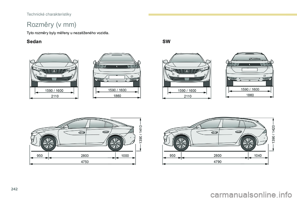 Peugeot 508 2018  Návod k obsluze (in Czech) 242
Rozměry (v mm)
Tyto rozměry byly měřeny u nezatíženého vozidla.
SedanSW 
T  