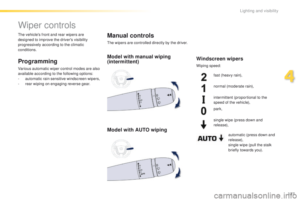 Peugeot 508 2016  Owners Manual 127
508_en_Chap04_eclairage-et-visibilite_ed01-2016
Wiper controls
Programming
Various automatic wiper control modes are also 
available according to the following options:
-
 a
utomatic rain sensitiv