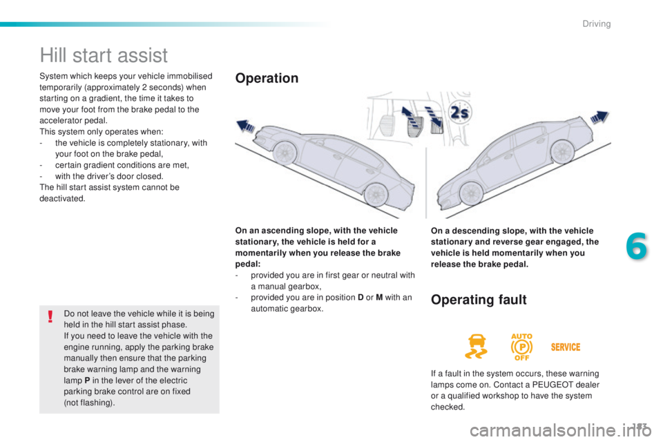 Peugeot 508 2016  Owners Manual 183
508_en_Chap06_conduite_ed01-2016
Hill start assist
System which keeps your vehicle immobilised 
temporarily (approximately 2 seconds) when 
starting on a gradient, the time it takes to 
move your 