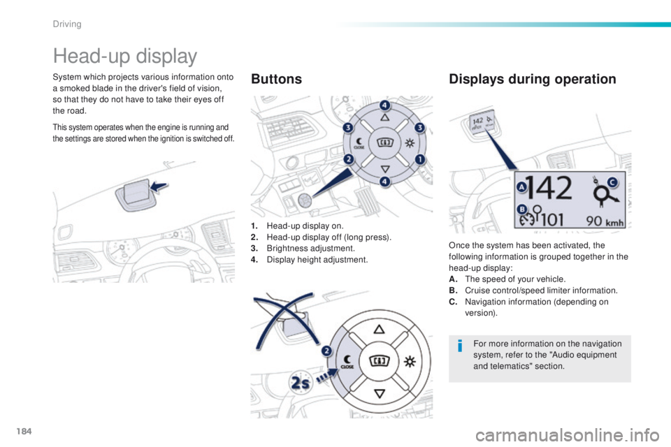 Peugeot 508 2016  Owners Manual 184
508_en_Chap06_conduite_ed01-2016
Head-up display
System which projects various information onto 
a smoked blade in the driver's field of vision, 
so that they do not have to take their eyes of