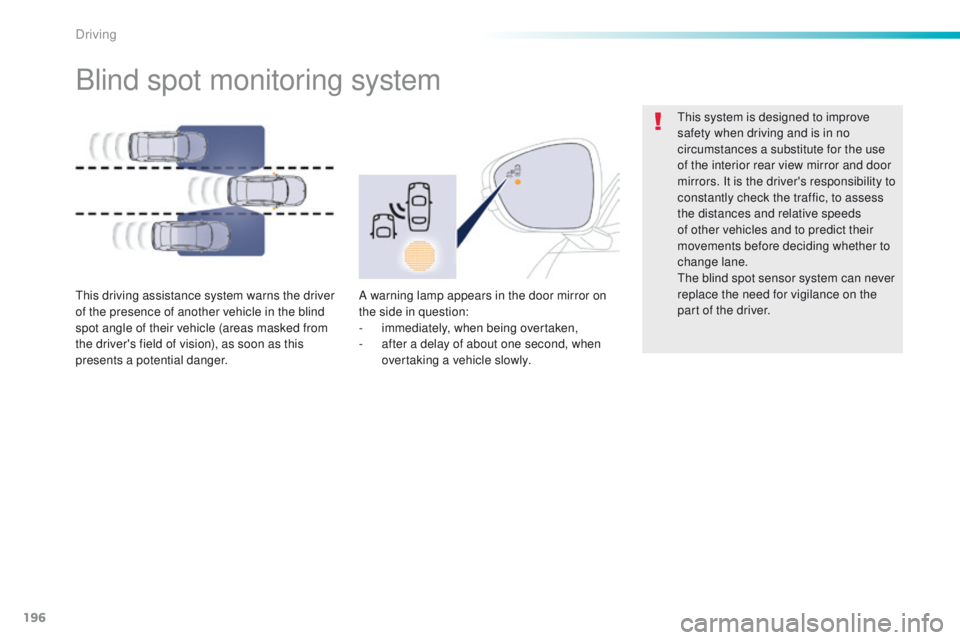 Peugeot 508 2016  Owners Manual 196
508_en_Chap06_conduite_ed01-2016
Blind spot monitoring system
this driving assistance system warns the driver 
of the presence of another vehicle in the blind 
spot angle of their vehicle (areas m