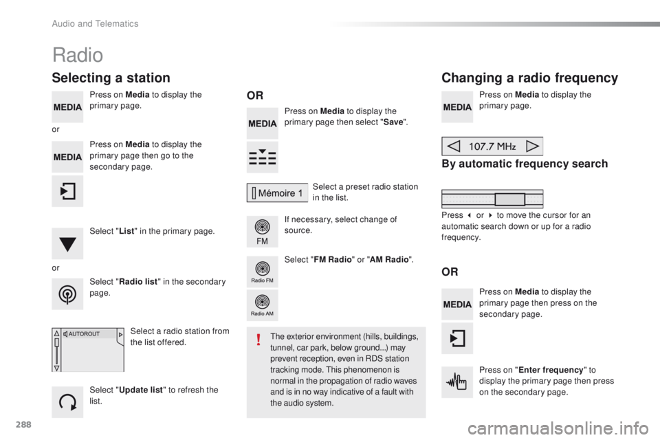 Peugeot 508 2016  Owners Manual 288
508_en_Chap10c_SMegplus_ed01-2016
Press on Media to display the 
primary page. Press on Media to display the 
primary page then select " Save".
If necessary, select change of 
source. Pres