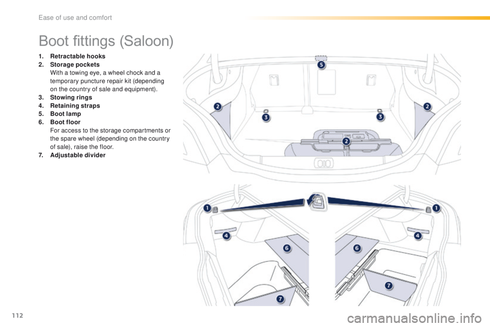 Peugeot 508 2016  Owners Manual - RHD (UK, Australia) 112
Boot fittings (Saloon)
1. Retractable hooks
2. Storage pockets  
 W

ith a towing eye, a wheel chock and a 
temporary puncture repair kit (depending 
on the country of sale and equipment).
3.
 S

