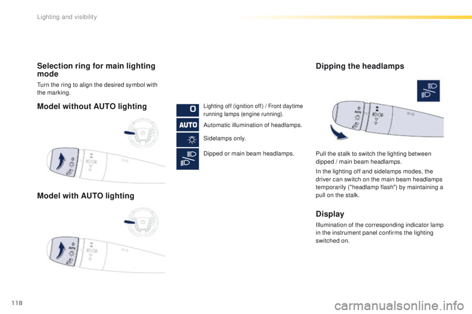 Peugeot 508 2016  Owners Manual - RHD (UK, Australia) 118
Model without AUTO lighting
Model with AUTO lighting Selection ring for main lighting 
mode
turn the ring to align the desired symbol with 
the marking.
Lighting off (ignition off) / Front daytime