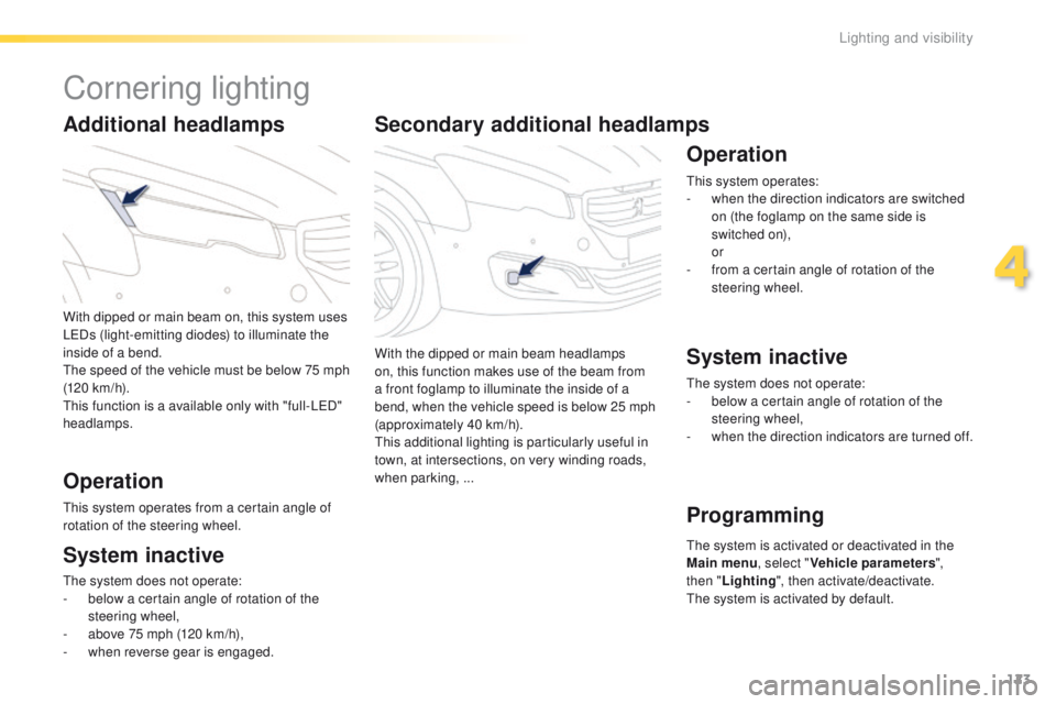Peugeot 508 2016 Owners Manual - RHD (UK, Australia) 123
Secondary additional headlamps
With the dipped or main beam headlamps
on, this function makes use of the beam from
a front foglamp to illuminate the inside of a
bend, when the vehicle speed is Peugeot 508 2016 Owners Manual - RHD (UK, Australia) 123
Secondary additional headlamps
With the dipped or main beam headlamps
on, this function makes use of the beam from
a front foglamp to illuminate the inside of a
bend, when the vehicle speed is