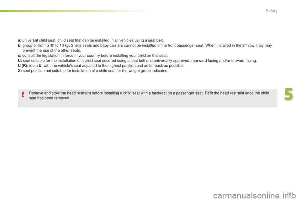 Peugeot 508 2016  Owners Manual - RHD (UK, Australia) 151
a: universal child seat, child seat that can be installed in all vehicles using a seat belt.
b:  
 g roup 0, from birth to 10 kg. Shells seats and baby carriers cannot be installed in the front pa