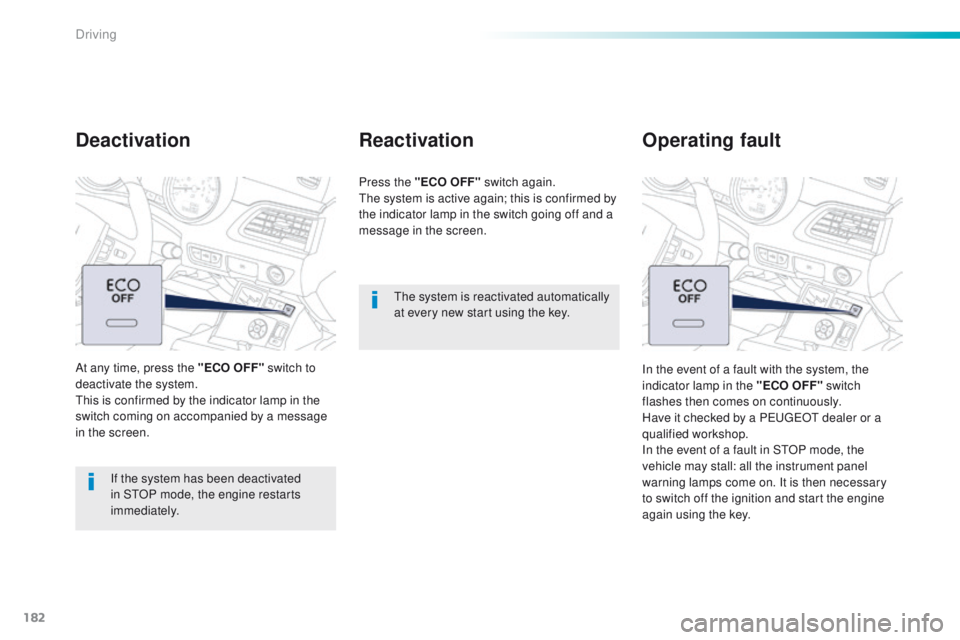 Peugeot 508 2016  Owners Manual - RHD (UK, Australia) 182
the system is reactivated automatically 
at every new start using the key.
Reactivation
Press the "ECO OFF" switch again.the system is active again; this is confirmed by 
the indicator lam